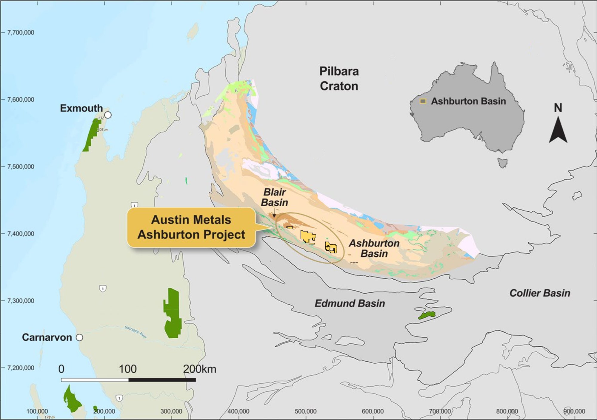 Regional map showing the Austin Metals Ashburton Project within the Ashburton Basin, Western Australia