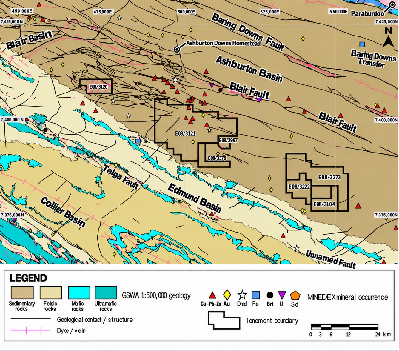 Geology and tenement map of the Austin Metals Ashburton Project showing exploration licences E08/3120, E08/3121, E08/2997, E08/3379, E08/3222, E08/3273 and E08/3104